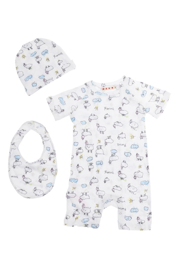 KIDS Marni Onesie, Hat and Bib All-Over Print Bodysuit Set - White