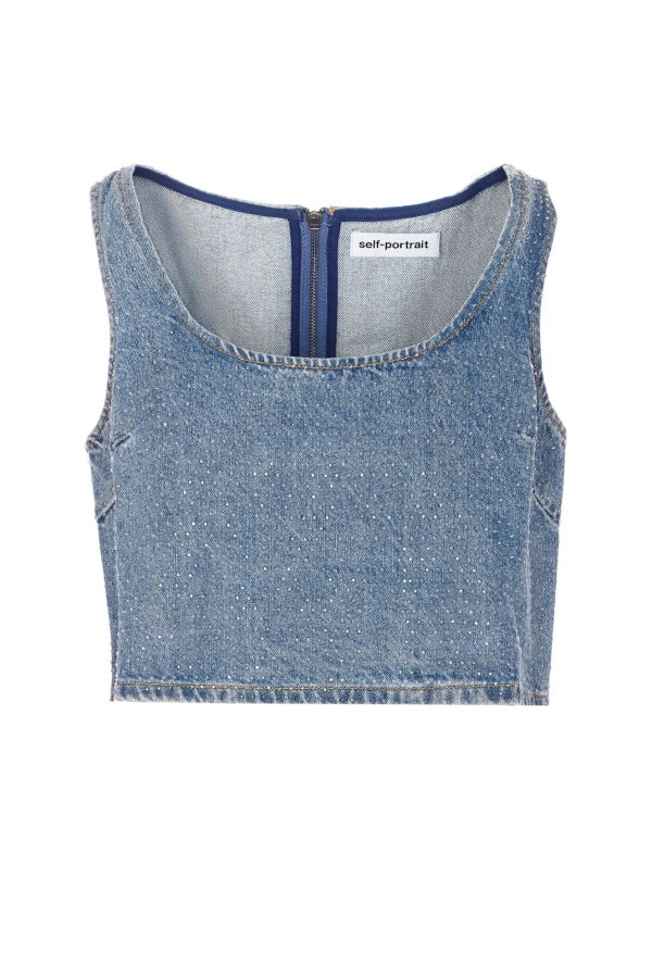 Self-Portrait Rhinestone Denim Crop Top - Blue