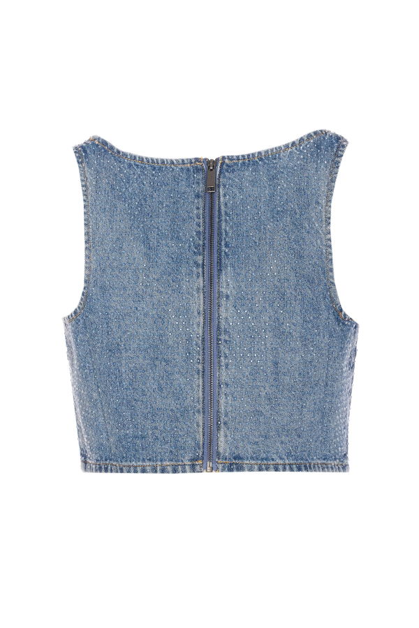 Self-Portrait Rhinestone Denim Crop Top - Blue