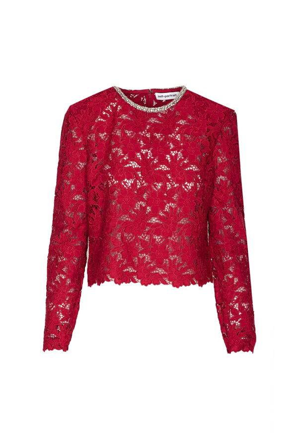 Self-Portrait Lace Crystal Top - Red