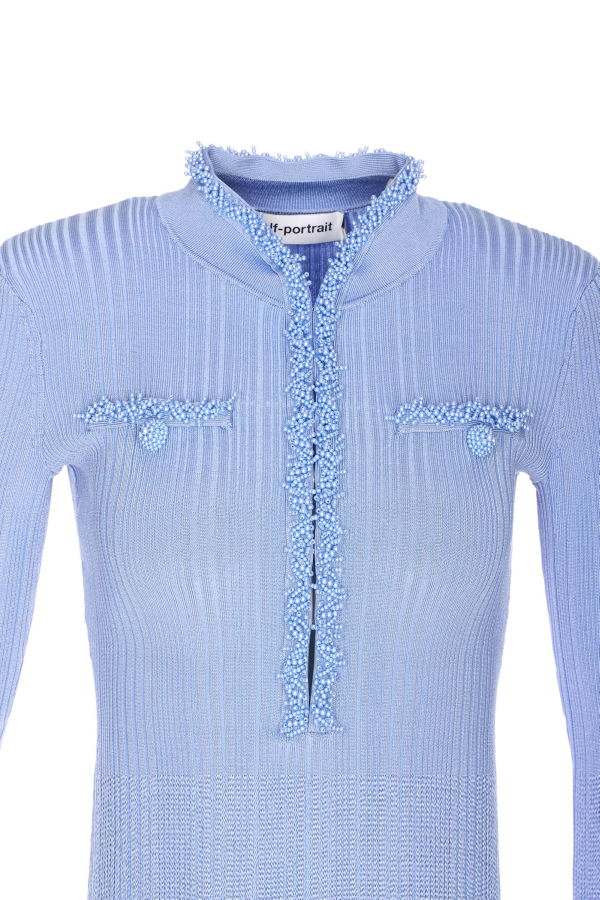 Self-Portrait Pearl Trim Knit Dress - Blue