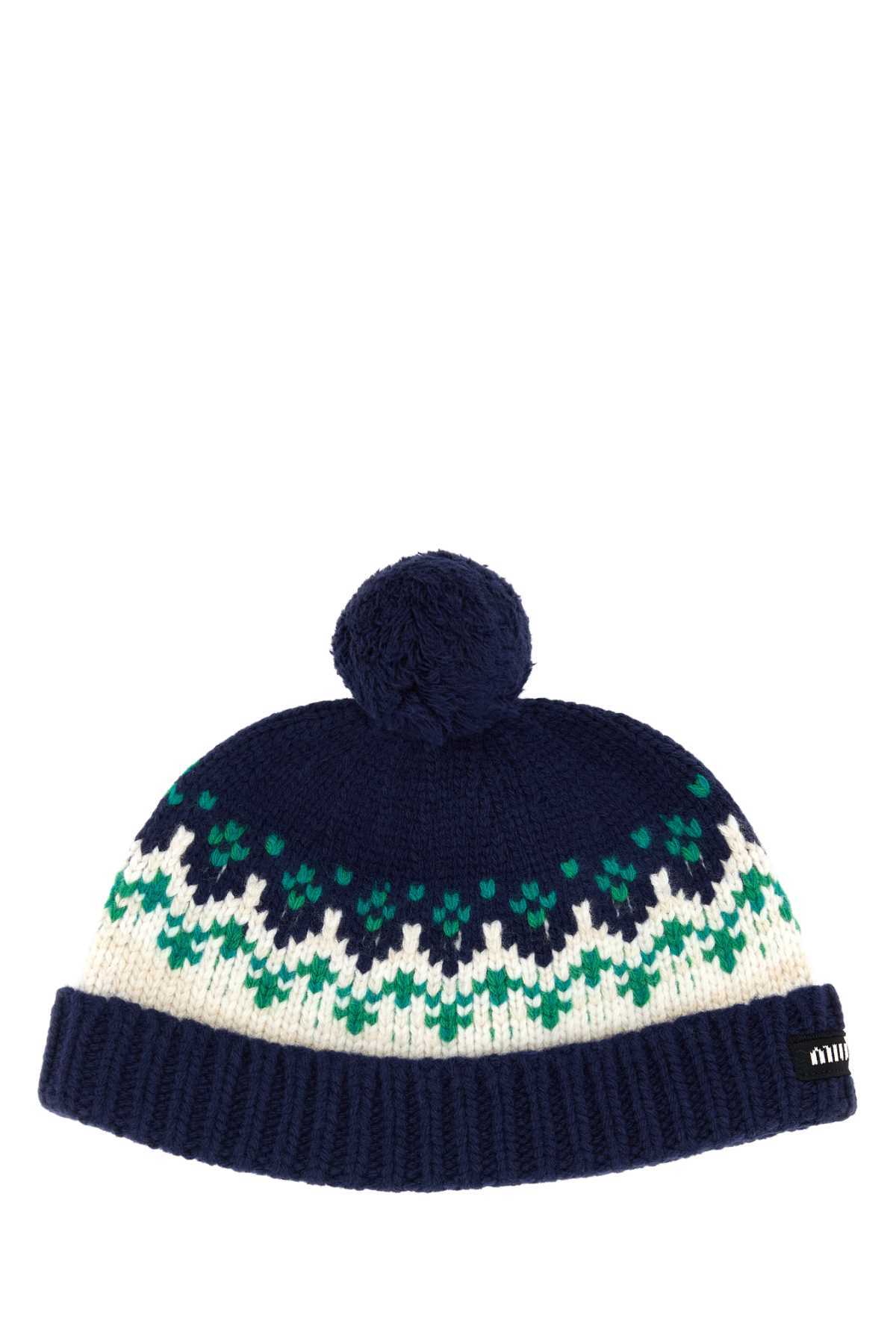 MIU MIU Embroidered Wool Beanie Hat - Navy - Image 2 of 2