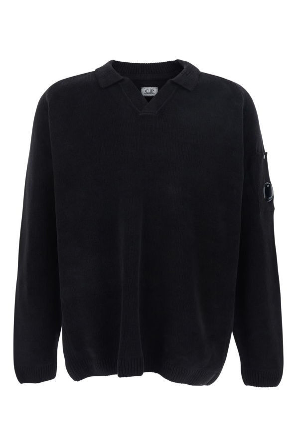 C.P. Company Sweater With Polo Shirt Style Collar and Goggle Plaque on Sleeve - Black