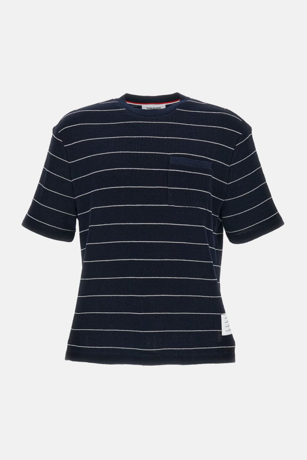 thom browne Short Sleeve Tee In Textured Stripe Waffle Tee - Blue