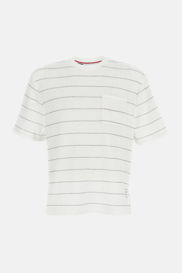 Thom Browne Short Sleeve Textured Stripe Waffle Tee - White