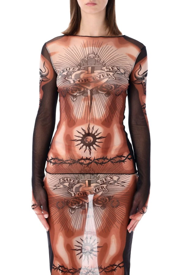 Jean Paul Gaultier Re-edition Safe Sex Tattoo Tulle Top - Nude Tattoo