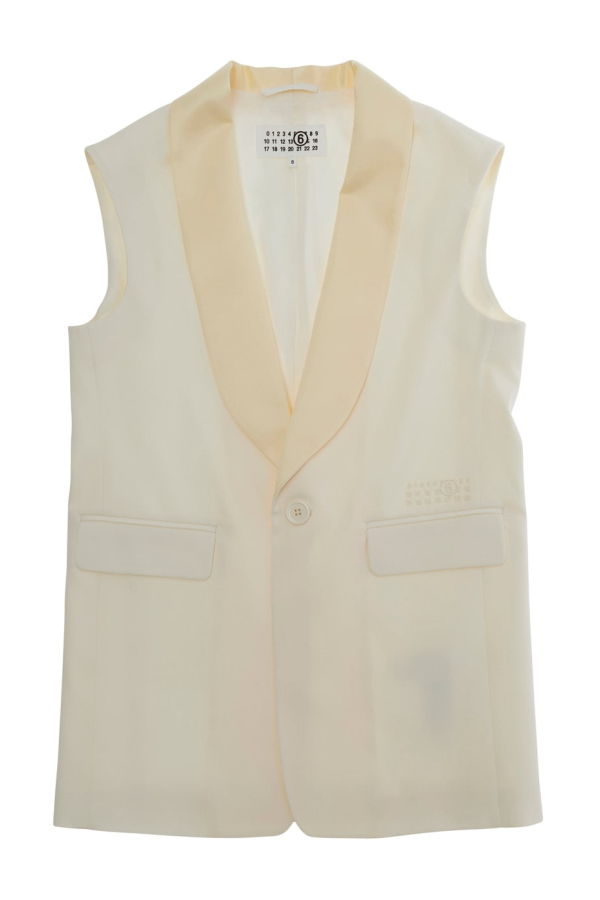 KIDS MM6 Maison Margiela Sleeveless Single-Breasted Jacket With V Neck and Logo Patch in Wool Blend Stretch Jacket - Beige