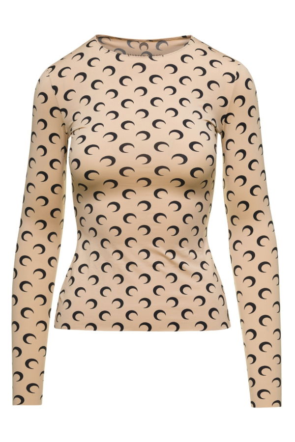 MARINE SERRE Crewneck T-Shirt with All-Over Crescent Moon Print Tech Stretch Top - Beige