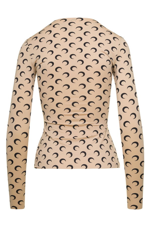 MARINE SERRE Crewneck T-Shirt with All-Over Crescent Moon Print Tech Stretch Top - Beige