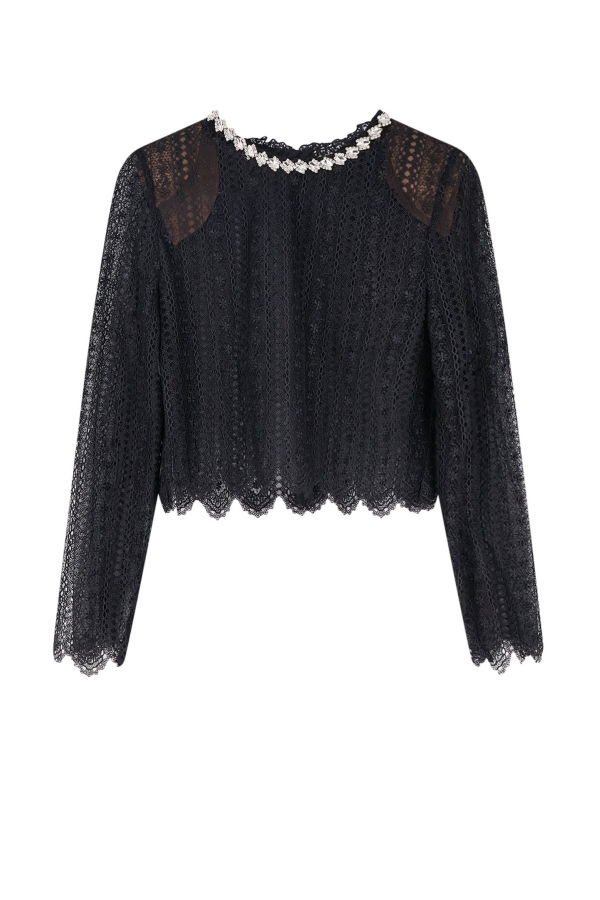 Self-Portrait Lace Top With Rhinestones Top - Black