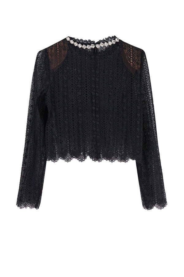 Self-Portrait Lace Top With Rhinestones Top - Black