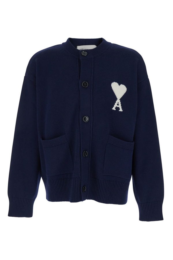 Ami Alexandre Mattiussi Crew Neck Cardigan With Contrasting ADC Logo On The Front - Blue