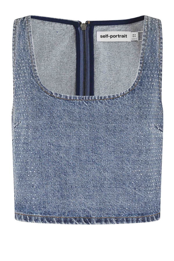 Self-Portrait Rhinestone Denim Crop Top Top - Blue
