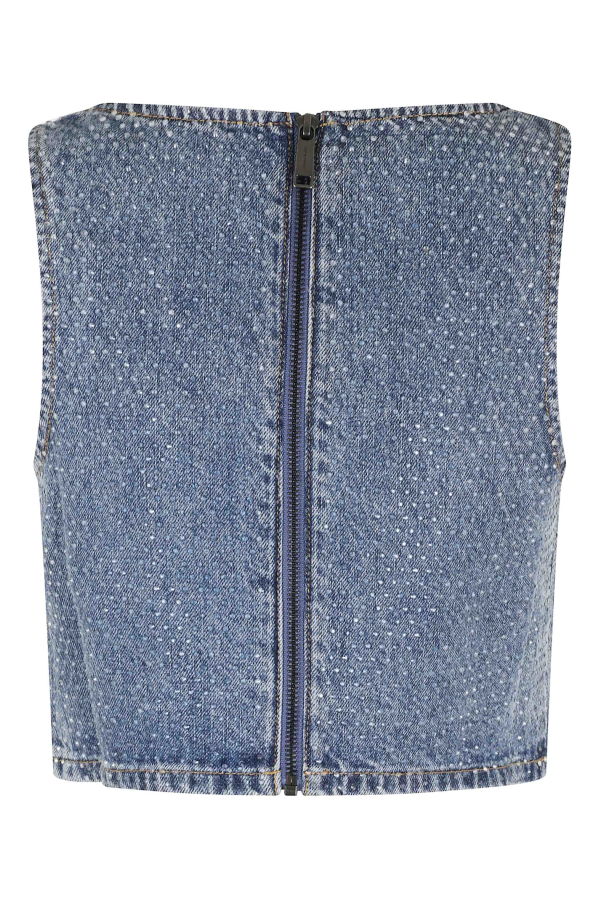 Self-Portrait Rhinestone Denim Crop Top Top - Blue