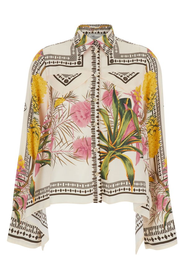 Blumarine Shirt with All-Over Floral Print and Pointed Collar - Multicolor