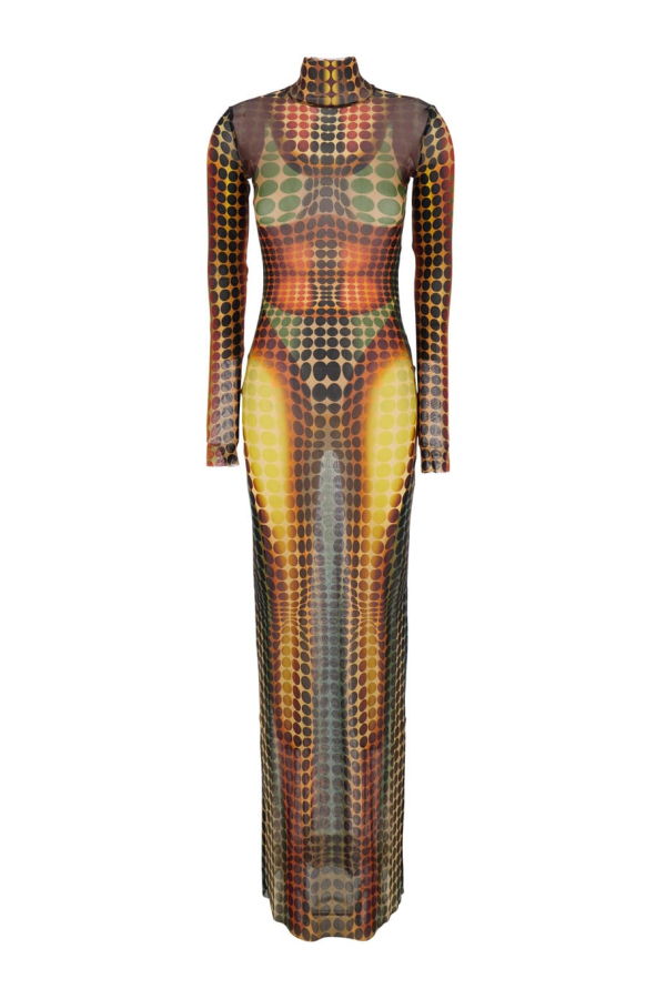 Jean Paul Gaultier Long Dress With High Neck And All-Over Print In Tech Fabric - Multicolor