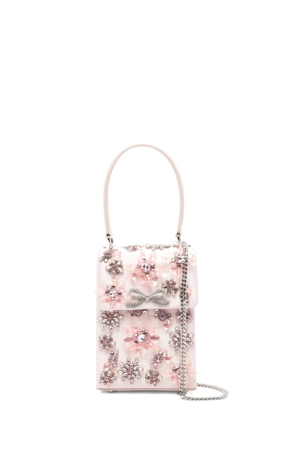 Self-Portrait Floral Crystal Appliqué Bow Bag - Pink