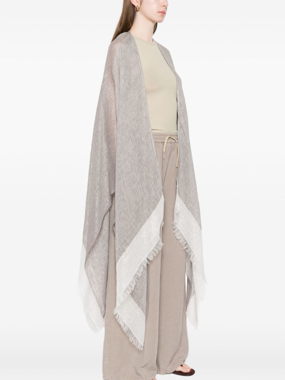 Fabiana Filippi Fringed Linen Poncho - Light Grey - Image 4 of 5