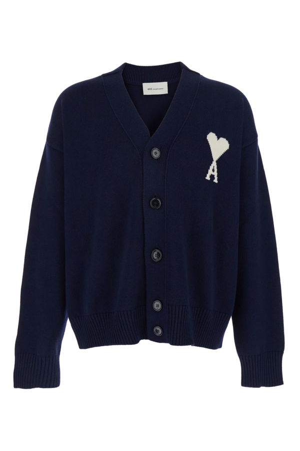 Ami Alexandre Mattiussi Wool-Cotton Blend V-Neck Logo Cardigan - Blue