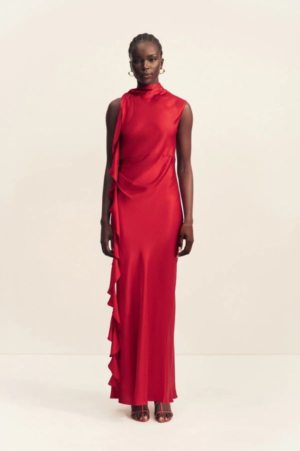 Shona Joy Agnes Draped Ruffled Maxi Dress - Cherry