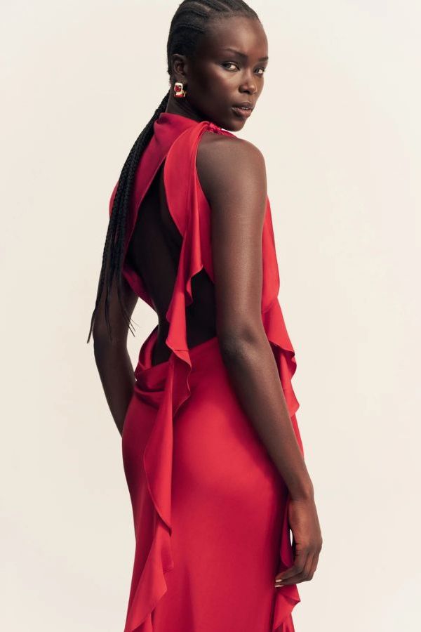 Shona Joy Agnes Draped Ruffled Maxi Dress - Cherry