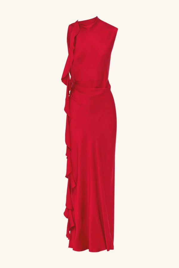 Shona Joy Agnes Draped Ruffled Maxi Dress - Cherry