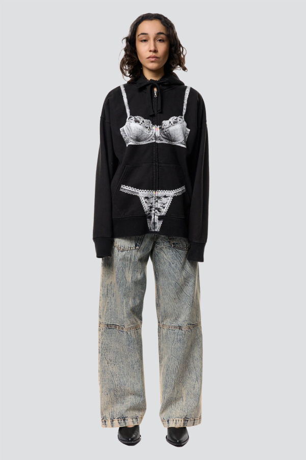 Vaquera Washed Black Trompe L'oeil Zip Hoodie Knit Hoodie