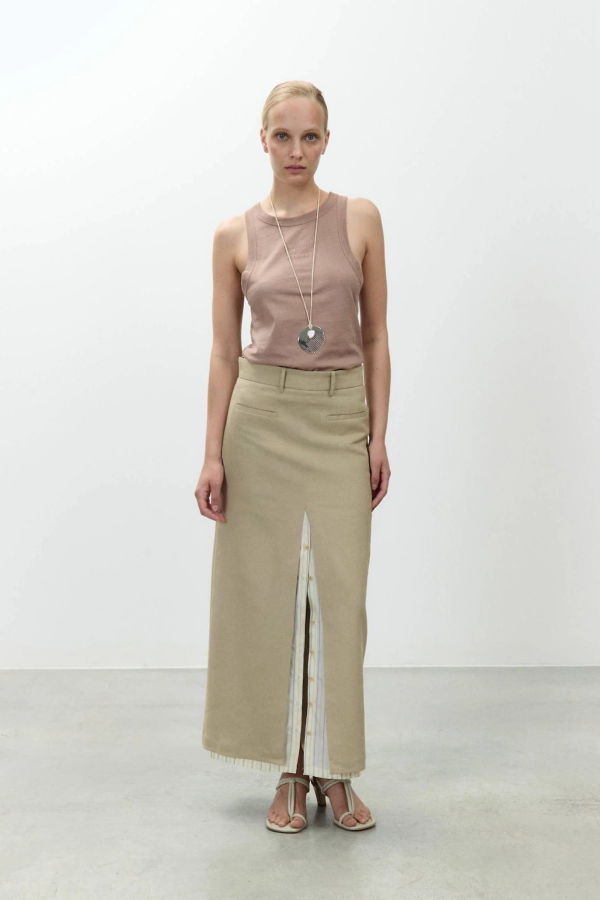 Alysi Linen Midi Skirt - Khaki
