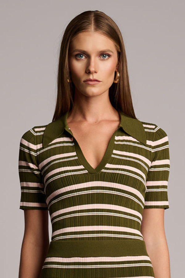 Hevron Daisy Stripe Polo Top - Olive Stripe