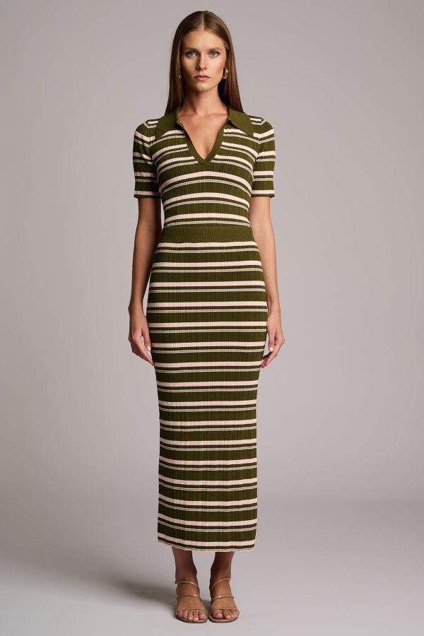 Hevron Daisy Stripe Polo Top - Olive Stripe