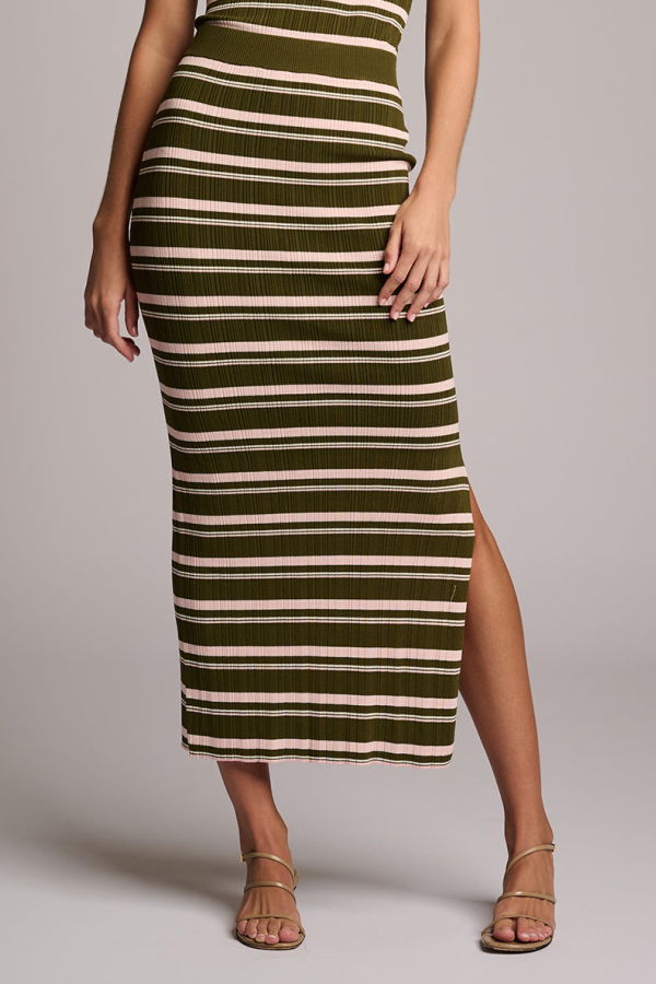 Hevron Peony Stripe Midi Skirt - Olive Stripe