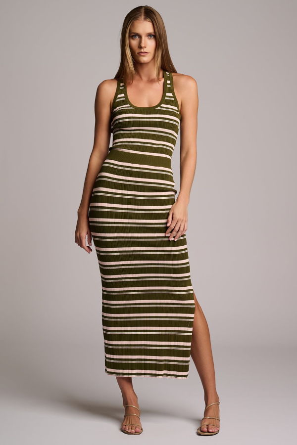 Hevron Peony Stripe Midi Skirt - Olive Stripe
