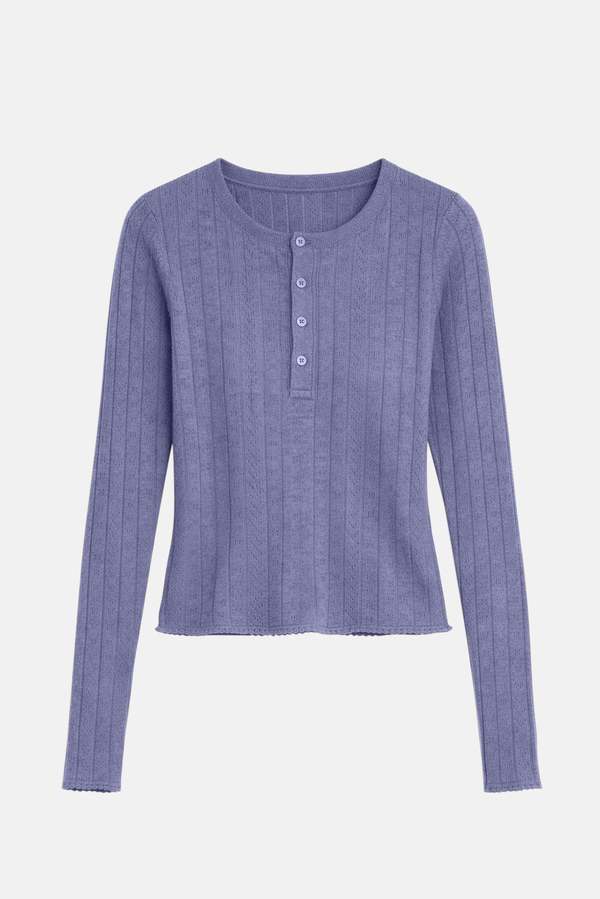 The Tile Club Sylvia Pointelle Henley Top - Blue