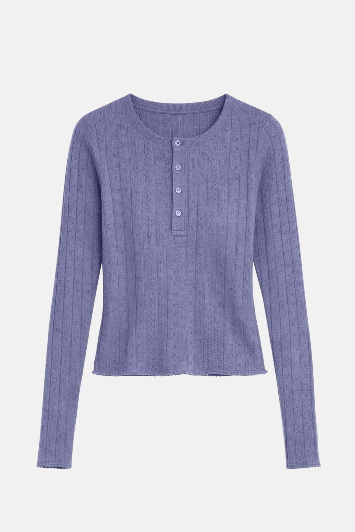 The Tile Club Sylvia Pointelle Henley Top - Blue - Image 1 of 4