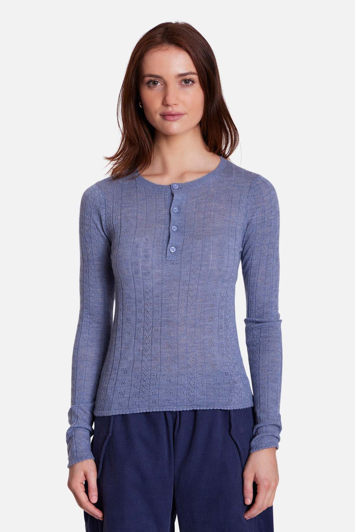 The Tile Club Sylvia Pointelle Henley Top - Blue - Image 2 of 4