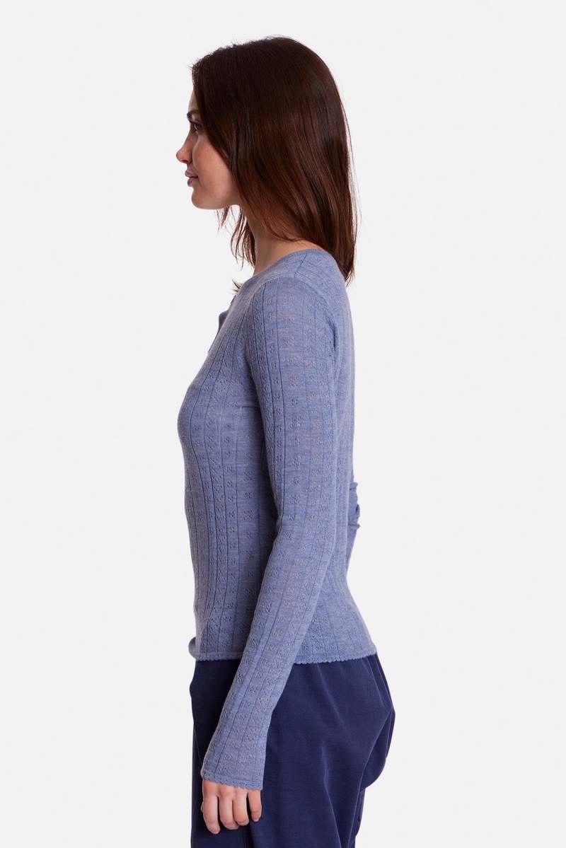The Tile Club Sylvia Pointelle Henley Top - Blue