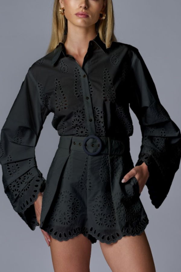 Hevron Raquel Eyelet Top - Black