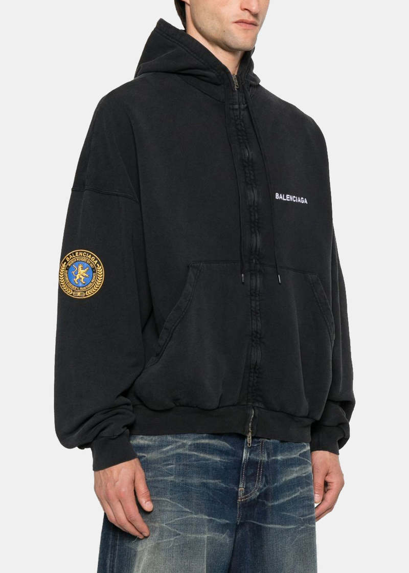 Balenciaga Faded Wash Black Large Zip-Up Hoodie - Faded Washed Black