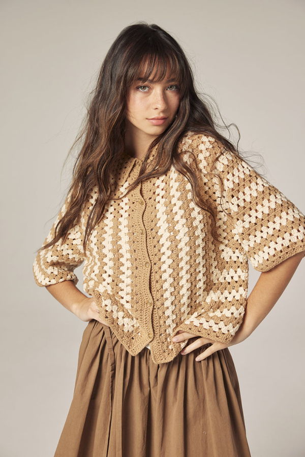 amente Hand Knit Crochet Top - Khaki/Tan