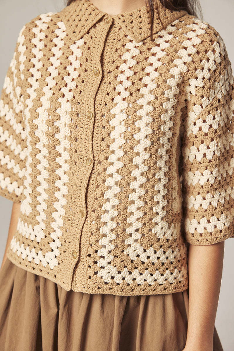 amente Hand Knit Crochet Top - Khaki/Tan