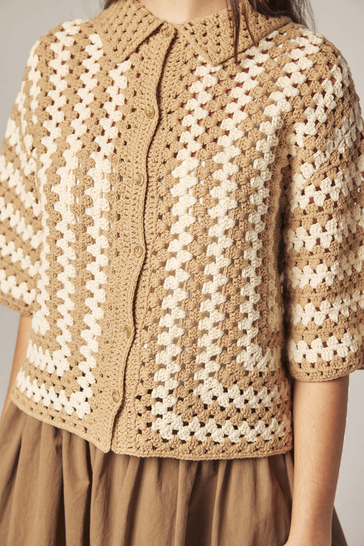 amente Hand Knit Crochet Top - Khaki/Tan - Image 3 of 11
