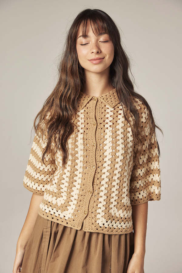amente Hand Knit Crochet Top - Khaki/Tan