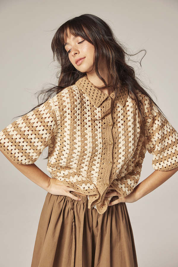 amente Hand Knit Crochet Top - Khaki/Tan