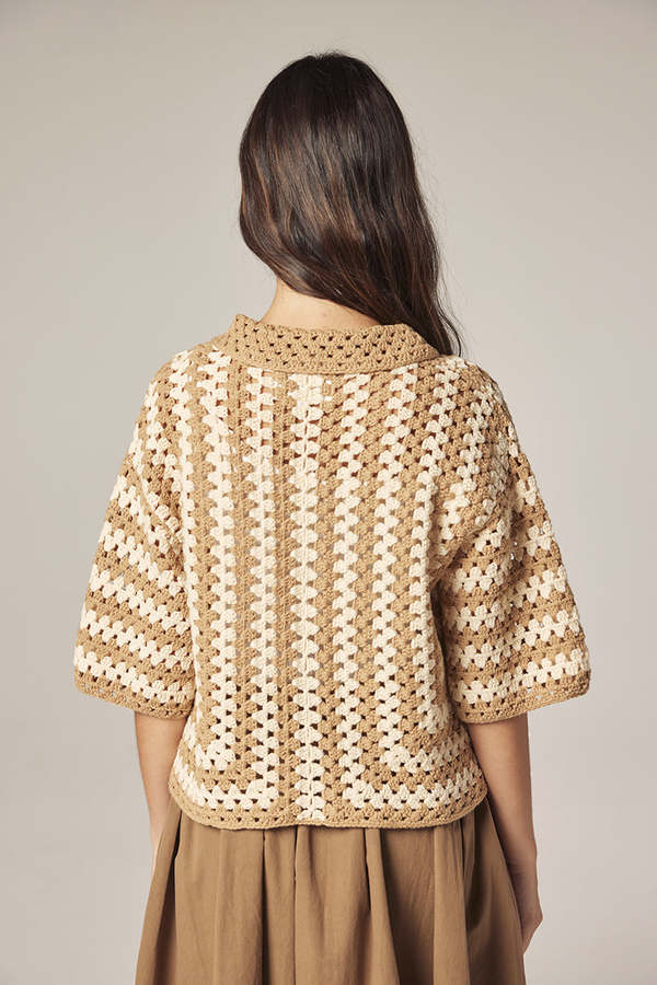 amente Hand Knit Crochet Top - Khaki/Tan