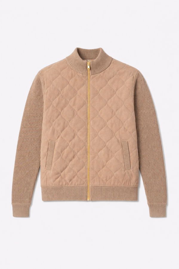 Blue&Cream Cashmere Quilted Combo Zip Jacket - Light Brown