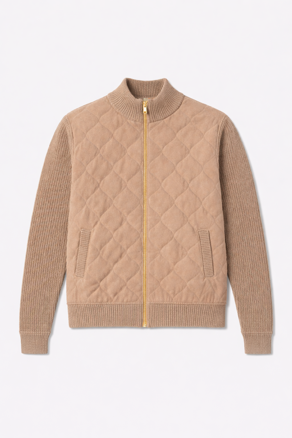 Blue&Cream Cashmere Quilted Combo Zip Jacket - Light Brown - Image 1 of 3