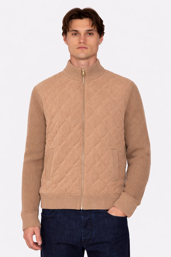 Blue&Cream Cashmere Quilted Combo Zip Jacket - Light Brown