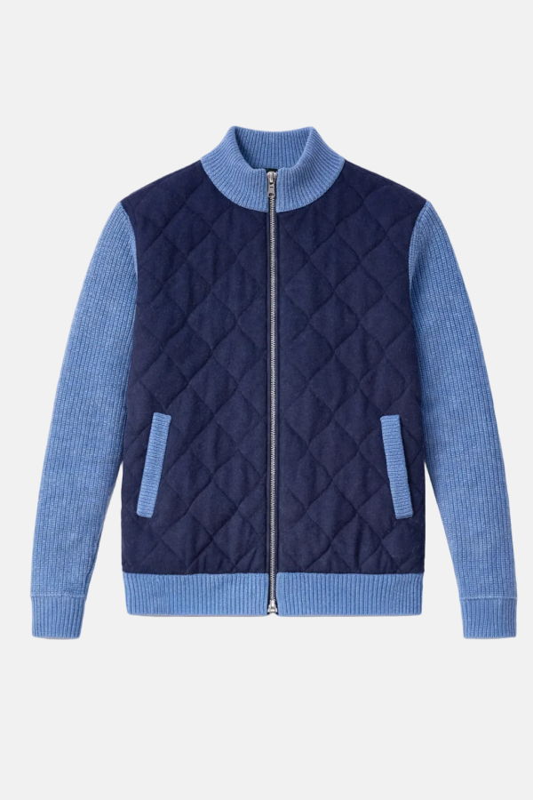 Blue&Cream Cashmere Quilted Combo Zip Jacket - Navy