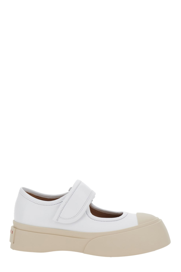Marni Mary Jane Sandals With Touch-Strap Closure and Logo Patch in Leather - White