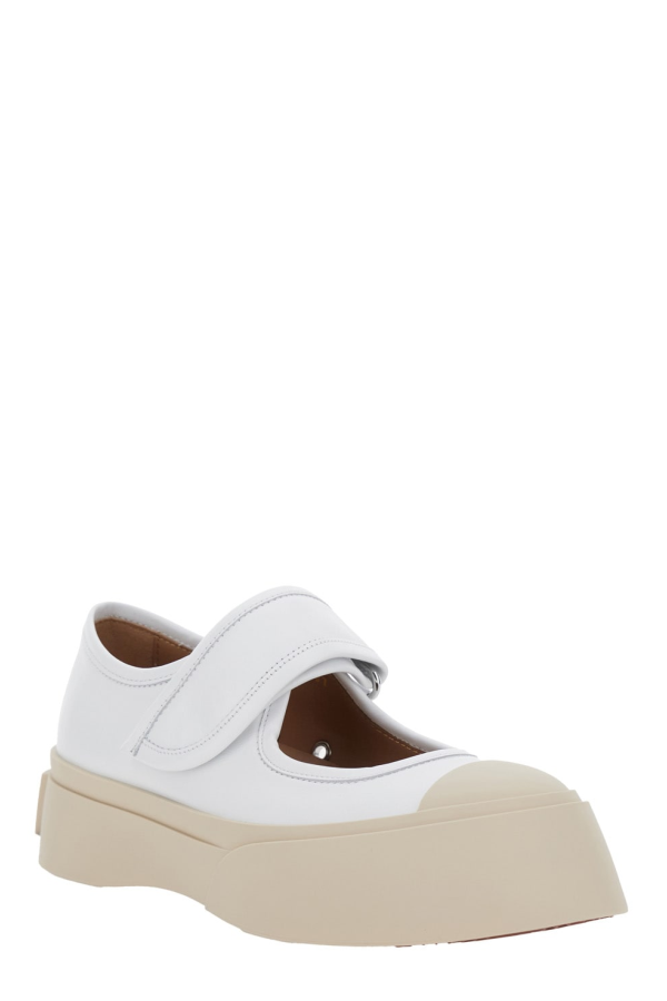 Marni Mary Jane Sandals With Touch-Strap Closure and Logo Patch in Leather - White